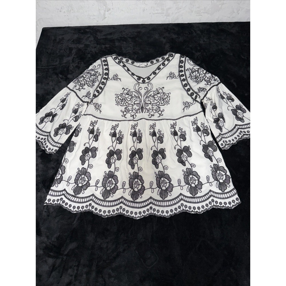 Sapphire White Black All Over Embroidered Floral Blouse Lightweight SZ L Boho